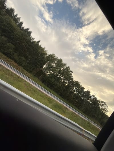 The image shows a view from inside a vehicle, looking out through a window at a landscape. The perspective is angled, with the foreground occupied by the interior of the car, specifically the textured dark material of the car door and a portion of a silver trim. Beyond the window, a rural landscape unfolds, characterized by a roadside with a guardrail separating it from a grassy embankment. Dense green trees and foliage line the embankment, forming a lush hillside that recedes into the distance. Above the treeline, a cloudy sky dominates the upper portion of the frame, with patches of blue sky visible through the white and grey clouds. The lighting suggests it is either early morning or late afternoon, with soft, diffused sunlight. There are no people visible in the image, and no specific landmarks are identifiable to pinpoint the exact location within Frillesås, Sweden. The overall impression is one of a scenic drive through a wooded, hilly region.
