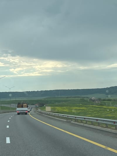 The image depicts a highway in the Почтовское сельское поселение area of Ukraine. The road curves slightly to the right, with a yellow line marking the lane. A truck is visible in the same lane. To the right of the highway is a metal guardrail, followed by a field of yellow flowers and a forest. The sky is overcast.