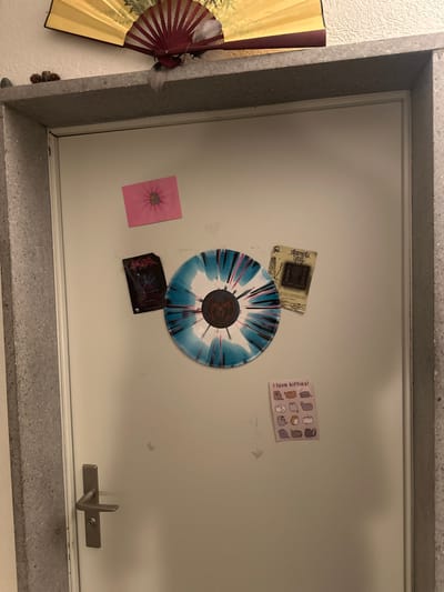 The image displays a white interior door, framed by a light grey, speckled stone or concrete door frame. Above the door frame, a decorative golden-yellow and reddish-brown folding fan is mounted, with a small white feathery ornament hanging from its lower edge. To the left of the fan, a small, dark, textured object, possibly a dried plant piece, rests on the top of the door frame.
Attached to the white door are several decorative items. On the upper left, a pink square note or sticker depicts a cartoon cat (Pusheen) emanating lines. Below this, a dark, rectangular graphic print, resembling an album cover, displays intricate, possibly metal-themed, artwork. Central on the door is a circular object resembling a vinyl record, featuring a vibrant splatter pattern of white, light blue, dark blue, and pink, radiating from a black central label with a red, stylized symbol. To the right of this record, an aged or discolored rectangular print or card, possibly album art, shows detailed black line illustrations and partially visible text, including "Alchemist's." On the lower right of the door, a rectangular sticker sheet or print features the text "I love kitties!" above a grid of small, cartoon cat illustrations.
The door is equipped with a modern, silver-toned lever handle and a keyhole located on its left side. No individuals are visible. The specific location within Wetzikon (ZH), Switzerland, cannot be determined from the visual information provided.