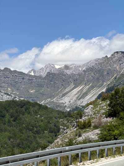 This image presents a majestic mountainous landscape, likely captured from a roadside vantage point in Šavnik, Montenegro. The scene is dominated by towering, rugged mountains under a clear blue sky.
In the immediate foreground, along the right side of the frame, a silver metal guardrail marks the edge of an asphalt road, a sliver of which is visible. Beyond the guardrail, the terrain slopes steeply downwards, covered by a dense canopy of dark green trees that extend across the lower and mid-slopes, indicating a thick forest.
Further into the background, the landscape transitions to grand, imposing mountains characterized by steep, rocky faces in shades of grey. Patches of white are visible on some of the higher peaks and slopes, suggesting either lingering snow or light-colored rock formations. The rock surfaces display varied textures, from smooth scree to deeply fissured cliffs.
The sky occupies the upper portion of the image, a vibrant blue adorned with large, fluffy white cumulus clouds, primarily concentrated towards the center-left. The bright, clear lighting indicates that the photograph was taken during daytime, likely late morning or early afternoon, under favorable weather conditions. No people or discernible text are visible in the image. The overall impression is one of natural beauty, vastness, and serenity.