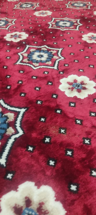The image shows a close-up, angled view of a red carpet with a repeating geometric pattern. The pattern features eight-pointed star-like floral motifs in blue, white, and beige, interspersed with smaller, cross-shaped dark blue and white elements. Some light brown debris is visible on the carpet's surface. The lighting suggests an indoor environment, and the carpet appears to be in a domestic setting. There are no people or specific landmarks visible that would indicate its location in Shaydon Town, Tajikistan.