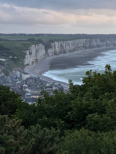 The photograph, originally rotated 90 degrees clockwise, captures an expansive, elevated view of the coastal town of Fécamp, France, under an overcast sky.
The scene is dominated by a dramatic landscape where towering white chalk cliffs stretch horizontally across the left side, meeting a dark, stony beach. Beyond the cliffs, a rural landscape with green fields and scattered distant structures extends under a pale grey, cloudy sky.
The greenish-grey sea occupies the central and right portions of the image, with prominent white waves actively crashing onto the shore, indicating an energetic tide or windy weather.
Nestled directly behind the beach, the town of Fécamp unfolds with a dense arrangement of multi-story buildings. These structures, characterized by their dark roofs (likely slate or tile) and traditional European coastal architecture, line the coastline. Due to the distance, no specific human activities or individual people are discernible, but the tight cluster of buildings clearly points to a well-established community.
Lush green trees and dense foliage frame the immediate foreground on the right, partially obscuring parts of the town and the sea. This vegetation suggests the viewpoint is from a high, wooded area overlooking the coast. The soft, diffused lighting from the heavy cloud cover gives the scene a muted yet powerful ambiance, characteristic of a cloudy day on the Normandy coast. There is no visible text in the image.
