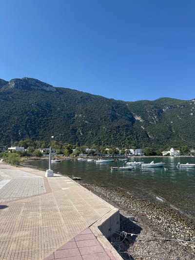 This is a photograph taken on a sunny day, depicting a coastal scene in the Municipal Unit of Kamena Vourla, Greece. The foreground features a paved walkway with a patterned surface of interlocking tiles. Adjacent to the walkway is a stony shoreline leading into the water. Several small boats are moored in the clear, calm water.
In the midground, a cluster of white buildings, some appearing to be houses and others a church with a distinctive dome, are visible along the coastline. Trees and vegetation surround these structures.
Dominating the background is a large, verdant mountain covered in dense green foliage. The mountain rises steeply from the coastline, its slopes intricately textured by the vegetation. The sky above is a clear, unblemished blue. A lone lamppost stands on the edge of the walkway, facing the sea. The overall impression is one of a tranquil, sun-drenched coastal village nestled at the foot of a substantial mountain.