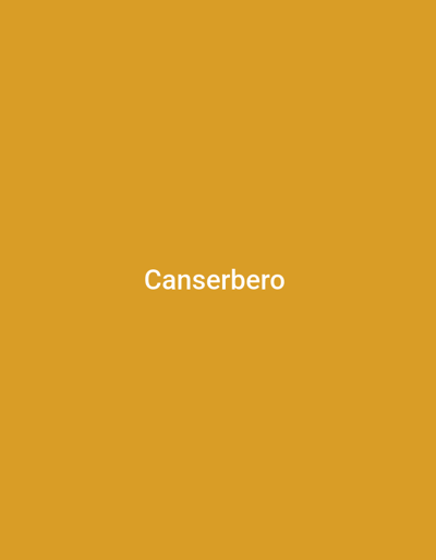 The image depicts a solid, yellow background with the word "Canserbero" printed in white, centered on the page. The coordinates provided, -26.846 latitude and -65.197 longitude, are located in the city of San Miguel de Tucumán, Argentina. No other details are visible.