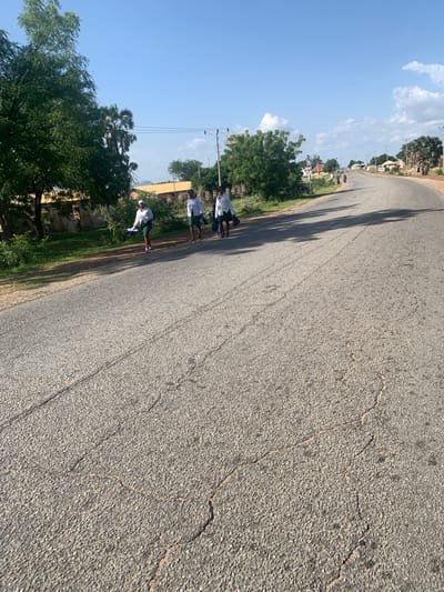 A low-angle, eye-level shot shows a paved road with visible cracks, stretching into the distance. The road is flanked by a grassy verge and lush green trees. In the background, several people are walking away from the camera along the side of the road. They are wearing white shirts and green shorts, suggesting they might be students. One person in the foreground is also dressed similarly and appears to be looking back. The scene is bathed in bright sunlight, indicating it is daytime. The sky is a clear blue with a few scattered white clouds. Power lines are visible overhead. The environment suggests a rural or semi-rural setting in Nigeria, possibly within a community like Boi A, given the presence of houses and vegetation. The overall mood is relaxed and casual. No visible text is present in the image.