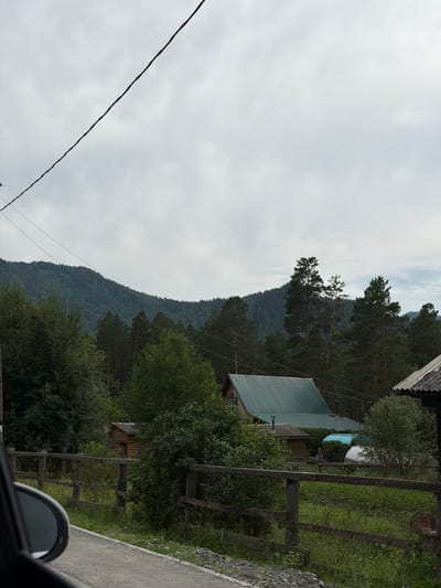 A telephoto shot captures a rural landscape in Ust-Sema, Russia, under an overcast sky. A dark power line bisects the upper portion of the frame. In the middle ground, a cluster of trees frames a scene of rural buildings. A prominent house with a metallic green roof is partially visible, surrounded by other smaller structures and lush vegetation. A rustic wooden fence runs horizontally across the lower middle of the image, separating the buildings from a paved road on the left. The background is dominated by a dense, green mountain forest. The overall atmosphere is tranquil and indicative of a remote, natural setting.