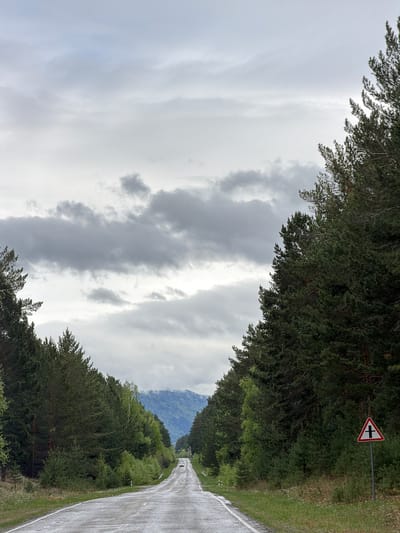 The image depicts a road in the vicinity of Сизая, Russia. The road is wet, likely due to recent rain, and lined with dense trees on both sides. A road sign warning of a crossroad is visible on the right side of the road. In the distance, mountains can be seen partially obscured by clouds. There are no people visible in the image, but a vehicle is seen further down the road. The sky is overcast with heavy, gray clouds.