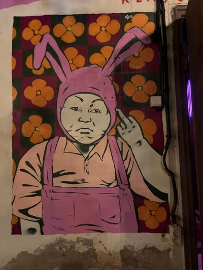 A mural on a wall depicts a person wearing a pink bunny hat and pink overalls. The person's face is rendered in black and white with an unimpressed expression. The person is making an obscene gesture with their right hand, extending their middle finger. The background of the mural features a checkerboard pattern of dark purple and black squares, interspersed with orange flowers with yellow centers. The wall itself appears weathered and damaged at the bottom. Electrical conduits and a wall socket are visible to the right of the mural.