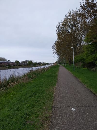 The image shows a paved path running along a canal in Leiderdorp, Netherlands. The path is lined with grass on the left and a row of trees on the right. There is a single lamppost on the right side of the path. The sky is overcast and the water in the canal is still. The scene is devoid of any people. The location is in the municipality of Leiderdorp, at the coordinates 52.162° N, 4.546° E. The path stretches into the distance, with a few buildings visible in the background. The trees on the right side of the path are mostly deciduous and are in various stages of leafing out. The grass on the left side of the path is lush and green. There are no other objects or subjects visible in the image.