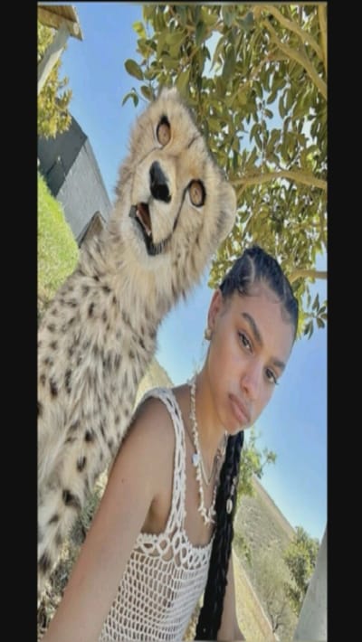A woman with braided hair and a crocheted tank top poses with a cheetah costume head. The cheetah head is slightly behind and to the left of the woman. Trees with green leaves are visible in the background, along with a clear blue sky. A small structure with green grass is also visible. The woman wears earrings and a shell necklace. The image appears to be a selfie taken outdoors.