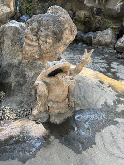 A weathered stone sculpture, possibly a dragon or mythical creature, is perched atop a rocky formation. The sculpture features a raised, pointed arm or head, with visible textural details indicating aging and erosion. The stone is surrounded by damp surfaces, including dark, wet patches on the ground and moss growing on adjacent rocks. Small pebbles are scattered near the base of the formation.