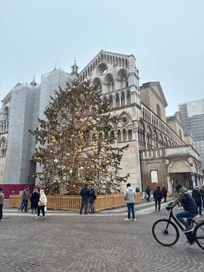 The scene depicts a public square in Ferrara, Italy, situated directly in front of the Ferrara Cathedral (Cattedrale di San Giorgio) under an overcast sky. A large, conical evergreen Christmas tree, heavily adorned with small white lights and numerous gold and white spherical ornaments, stands centrally, surrounded by a low, light-colored wooden picket fence. The cathedral, a multi-tiered stone edifice showcasing Romanesque-Gothic architecture with elaborate arches and columns, forms the primary background. Its left section is partially obscured by white construction scaffolding. The ground is paved with dark, patterned cobblestones. Approximately fifteen individuals are visible. Several people, clad in winter coats, puffer jackets, and beanies, are congregated near the Christmas tree, some observing it. In the right foreground, a person wearing a green vest over a dark hoodie, jeans, and a dark beanie is actively riding a black bicycle from left to right across the cobblestone surface. Other pedestrians are distributed throughout the square, walking in various directions.