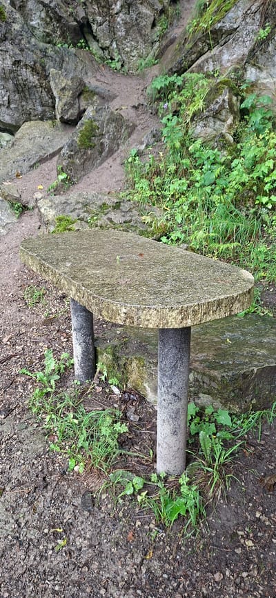A weathered, oval-shaped stone table with two cylindrical stone supports sits on a natural path in Kaali, Estonia. The table is wet, possibly from rain, and has a speckled gray and brown surface with a rough, textured edge. Green grass and various plants grow around the base of the table and up the rocky embankment behind it. The rocky embankment is composed of large, gray stones covered in moss and patches of greenery. The ground around the table is a mix of dirt, small stones, and fallen leaves. A faint, muddy trail is visible leading up the embankment.