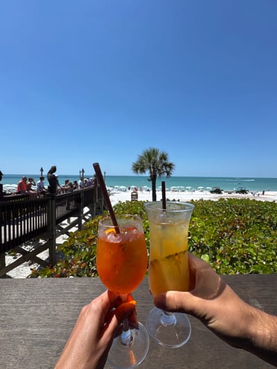 This image depicts a sunny beach scene in Pelican Bay, USA, viewed from an elevated perspective over a weathered wooden tabletop. In the immediate foreground, two hands are visible, each holding a clear stemmed cocktail glass aloft. The left hand, featuring orange nail polish, holds a glass containing an orange-hued beverage with ice, an orange slice garnish, and a dark brown straw. The right hand, appearing masculine and hairy, holds a similar glass containing a yellowish-orange beverage with ice and a dark brown straw. Both hands are positioned as if in a toast.
Beyond the foreground and a patch of lush green shrubbery, a multi-level wooden boardwalk structure extends across the midground. Numerous casually dressed individuals are present on the boardwalk, some seated on its railings which are adorned with dark, carved bird figures, while others stand, observing the beach.
The background reveals a wide expanse of white sand beach, populated by scattered individuals, including children, and numerous white beach umbrellas. Two dark, utility-style vehicles are parked on the sand near the water's edge. A single palm tree stands prominently on the beach towards the center-right. The tranquil turquoise ocean extends to the horizon, showing gentle waves and distant dark objects, possibly watercraft. The sky overhead is clear and bright blue, indicating a cloudless day.