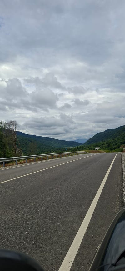 The image shows a paved road with a white dividing line, curving to the right as it ascends into a valley. A metal guardrail runs along the left side of the road. The valley is lined with dense green trees, forming the slopes of mountains. The sky is overcast with gray clouds. In the distance, a small white building is visible on the right side of the valley. The foreground shows a portion of a dark-colored vehicle. The scene is likely located in a rural mountainous region of Russia, possibly near Serzhen-Yurt, given the context. There are no people visible in the image.