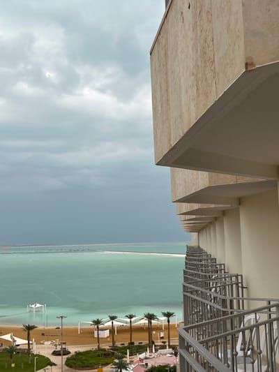 The image captures an elevated view from a balcony overlooking a beach and the Dead Sea under an overcast sky.
In the foreground, the underside of a light-colored, possibly stone or concrete, balcony structure dominates the left and top portions of the frame. It features repeating angular, almost triangular, architectural elements that create a deep, textured pattern as they recede into the distance. To the right, a metal railing, likely part of the balcony, is visible.
Beyond the balcony, a vast expanse of the Dead Sea stretches across the midground. The water exhibits a distinct greenish-blue, almost turquoise, hue, with subtle variations in color. A faint, straight line suggesting a distant shore or horizon is visible across the water.
Between the sea and the vantage point lies a sandy beach area. Numerous slender palm trees are arranged in rows along the beach. Interspersed among the palm trees and on the sand are several white, tent-like structures or sun shelters, as well as some small, manicured green landscaped areas. What appear to be light poles or similar beach infrastructure are also present. The beach appears quiet, with no people actively visible.
The sky above is heavily overcast with varying shades of gray clouds, indicating a cloudy daytime setting, though there is still ample light illuminating the scene. No discernible text is visible anywhere in the image. The scene suggests a resort or hotel setting in Ein Bokek, Israel, given the unique appearance of the Dead Sea.