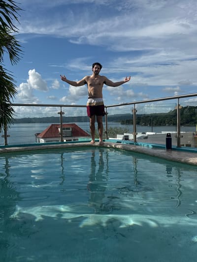 A man in burgundy and white swim trunks balances barefoot on a pool's edge, arms outstretched. Glass barriers separate him from a scenic background: a body of water, distant hills, and a few buildings, one with a red roof. Above, a partly cloudy sky dominates the frame. The pool water reflects the surroundings, mirroring the sky and distant objects. Palm fronds occupy the lower left corner.
