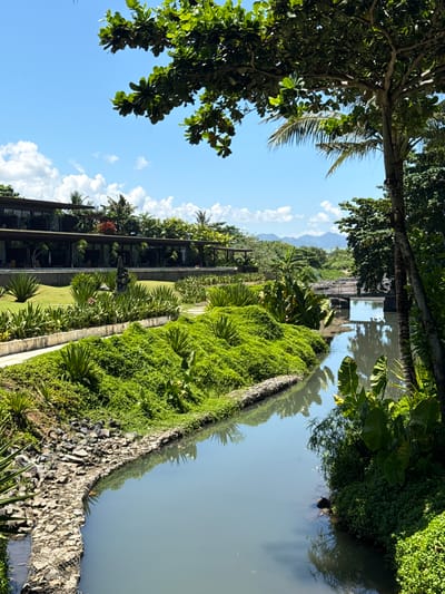 The image shows a landscape scene in Medahan, Indonesia. A body of water runs along the right side of the frame, bordered by a stone wall covered in lush green vegetation. Adjacent to the wall, a manicured lawn stretches toward a multi-story building with dark wooden beams and extensive greenery on the balconies. Palm trees and other tropical plants are interspersed throughout the scene. The sky is blue with scattered clouds, and trees frame the top and left sides of the image. In the distance, a faint outline of mountains can be seen.