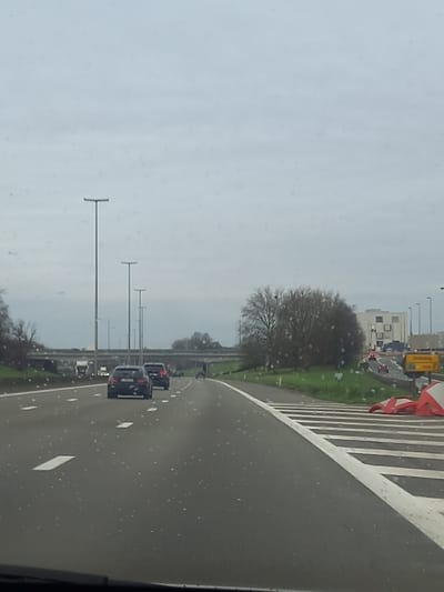 The image depicts a multi-lane motorway scene in Waregem, Belgium, specifically on the E17 (A14) motorway approaching the exit for Deinze/Waregem Centrum (N382), heading in the general direction of Ghent/Antwerp.
The sky is uniformly overcast and light grey. The view is from inside a vehicle, with numerous small water droplets adhering to the windshield. The asphalt road surface appears damp and features white dashed lane markings on the left, a solid white line separating the main carriageway from a wide, hatched (zebra-style) white-painted area on the right, indicating an upcoming exit ramp or shoulder.
In the immediate foreground, the top edge of a dark vehicle dashboard is visible. Several vehicles are present on the motorway: a dark-colored SUV is directly ahead in the left lane, followed by another dark vehicle further back and to its right. More indistinct vehicle shapes, including at least one white truck, are visible in the distance across multiple lanes. On the far right, a small red vehicle is partially visible on what appears to be an exit ramp.
The roadside environment includes green grass on both the central median and the right shoulder. A cluster of dense, leafless trees is situated on the right side of the motorway, with more sparse trees visible on the left. Tall, slender streetlights with horizontal cross-arms are regularly spaced along the road. An overpass bridge spans the motorway in the mid-distance. In the far distance on the right, behind the trees, several light-colored, modern buildings are discernible. A yellow road sign with black text indicating "Deinze," "Gent," "Centrum," and "N382" is positioned on the right shoulder, marking the exit. Red and white striped traffic barriers or cones are scattered on the grass near this sign, with some lying on their sides. No individuals are visible.