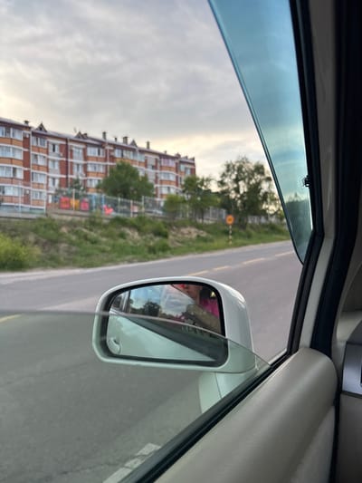 An exterior shot captures a side view from within a car, looking out the passenger window. A white side-view mirror reflects a person wearing a pink top and a portion of what appears to be the car's interior. Beyond the mirror, a paved road stretches into the distance, bordered by a grassy embankment. In the background, a large, multi-story apartment building with a reddish-orange facade and white-framed windows stands prominently. Trees dot the landscape between the road and the building. The sky is overcast with visible clouds. The scene is set in Plodopitomnik, Russia.
