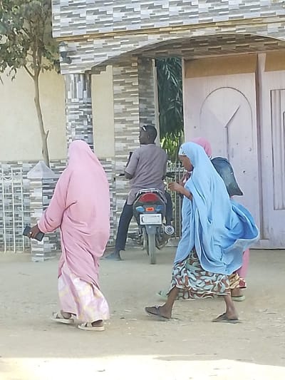 The image captures an outdoor scene, likely on an unpaved road or path, featuring several people and a building in the background on a bright, sunny day.
In the foreground, on the left, a person is walking away from the viewer. They are dressed in a flowing, light pink full-body covering, possibly a hijab or abaya, layered over a light-colored, subtly patterned long skirt or dress. This individual is holding a black smartphone in their right hand and wearing light-colored sandals or flip-flops.
To the right of this person, another individual is walking, wearing a light blue head covering that drapes over their shoulders and a vibrant, multi-colored patterned long skirt or dress. They are looking downwards or to their side and wearing dark-colored sandals or flip-flops. Partially visible behind this person is a third individual, seen from the waist up, wearing a pink top and what appears to be a blue denim jacket.
In the middle ground, a person is seated on a dark-colored motorcycle, facing away from the camera. This individual is wearing a grey t-shirt and dark pants. They have short dark hair with sunglasses perched on top of their head. They appear to be holding a small dark object, possibly a phone, in their hands. The motorcycle features a red taillight, a silver exhaust pipe, and a white license plate on the back, though the text on it is not legible.
The background consists of a building with a textured facade. The upper portion and part of the structure on the left are adorned with horizontal rectangular tiles in shades of grey and light beige, creating a patterned effect. Below this, there is a smooth, lighter-colored wall. On the right side of the building, a light pinkish-beige wooden door or gate with a distinctive arched design element is visible. A slender tree with light brown bark and green foliage stands on the far left, partially visible behind the foreground elements. A light-colored metal fence or railing can also be seen behind the person in pink on the left.
The overall scene depicts a casual everyday moment with people walking and one person on a motorcycle, against a backdrop of a local building.