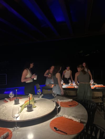 The scene depicts a group of six young women gathering around two tables on a patio in Playa Herradura, Costa Rica. The women are setting the table for a meal, and some are standing while others are seated. The table closest to the camera is round and features a marble top, while the other table is rectangular. There are several glasses and dishes already placed on the tables, and a plastic iguana ornament rests in the center of the round table. The patio is located beneath a covered area with a dark wood ceiling and a blue-lit pool visible in the background. There is a large, dark tree or foliage on the left side of the image. The women are all wearing casual clothing and appear to be in their late teens or early twenties. The atmosphere is relaxed and casual, suggesting a social gathering. The patio is well-lit by overhead lighting, and there is a sense of warmth and intimacy present. The coordinates provided correspond to the location of Playa Herradura, a popular coastal town in Costa Rica known for its beautiful beaches and resorts.