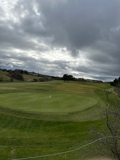 The image depicts a golf course under a cloudy sky. A yellow flag is visible on the green, near a sand trap. Bare tree branches are in the upper right corner of the frame. Buildings are visible in the distance along the tree line. Based on the location information provided, this is likely a view of Pitreavie Golf Club, located in Dunfermline, United Kingdom.