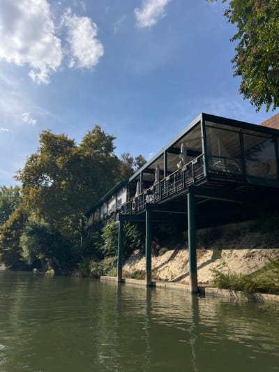 An elevated, multi-story structure, likely a restaurant or café, extends over the Seine River in Levallois-Perret, France. The building features a prominent terrace on its upper level, supported by dark green cylindrical pillars rooted in a concrete retaining wall at the water's edge. The terrace is enclosed by a dark-framed system with clear plastic or glass panels and a dark green roof. Several light-colored patio umbrellas are visible on the terrace, some partially open. A white and orange lifebuoy hangs on the terrace railing. The building's rear section, visible above the terrace, appears to be constructed of reddish-brown material. The river water in the foreground is dark green with surface ripples, reflecting the clear blue sky with scattered white cumulus clouds. Lush green trees, some exhibiting early autumnal colors, line the riverbank behind and to the left of the structure. The riverbank beneath the building is a sandy, light-colored slope with sparse vegetation. No individuals or active interactions are observed in the scene.
