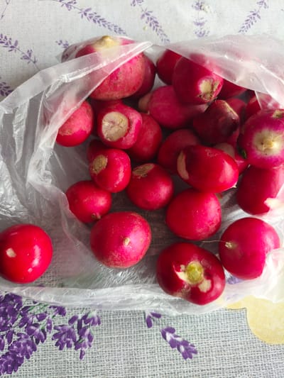 A pile of bright red radishes is contained within a clear plastic bag, which is placed on a tablecloth. The tablecloth has a subtle floral pattern with purple flowers and green stems. Some of the radishes are whole and round, while others are cut, revealing their white interior. The lighting suggests an indoor setting, possibly a kitchen. The image does not contain any information that would indicate its location in Rubtsovsk, Russia, or any specific city.