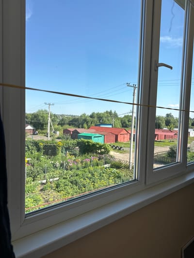 This is a photograph taken from a window, looking out onto a rural or suburban area with a garden and several buildings. The view is framed by white window frames and a thin yellow wire stretches across the middle of the frame.
In the foreground, a lush garden is visible, with rows of green plants and various colorful flowers, including pink, yellow, and white blooms. A low metal fence runs along the front of the garden.
Beyond the garden, a dirt path leads to a collection of buildings. The most prominent are several long, red-roofed structures that appear to be garages or sheds. To the left of these, a green building is visible, and further left, a white building with a red roof. A dark-colored car is parked in front of the white building.
In the middle ground, a utility pole with power lines stands tall, and further in the background, a line of trees forms a green horizon. The sky is a clear, bright blue with a few wispy clouds.
The overall impression is one of a sunny day in a peaceful, undeveloped area, possibly a dacha or village settlement. Given the context, this scene could be located in the city of Rasskazovo, Russia, where such rural or semi-rural landscapes are common.