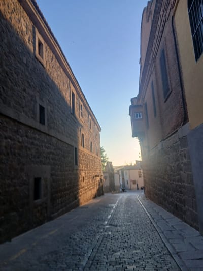 The image depicts a narrow cobblestone street in Ávila, Spain, as seen from a low angle, looking upwards. The perspective is tilted, making the buildings appear to lean dramatically. On the left, a tall stone building with numerous dark, rectangular window openings dominates the frame. Sunlight casts strong shadows across its textured facade, suggesting it is either early morning or late afternoon. The building's upper section, made of red brick, is visible, with some darker rectangular shapes that could be windows or vents.
On the right side of the street, another stone building rises, its upper portion less distinct. The cobblestone street is well-defined, with visible lines and an aged, weathered appearance. The sky above is a clear, bright blue, indicating fair weather. In the distance, beyond the buildings, a bright haze suggests the sun is low on the horizon, illuminating the sky. There are no people visible in the image, and no specific activity is taking place. The overall impression is one of an ancient European city, with a sense of quiet and timelessness. The architecture suggests historical significance, fitting for Ávila, known for its well-preserved medieval city walls.