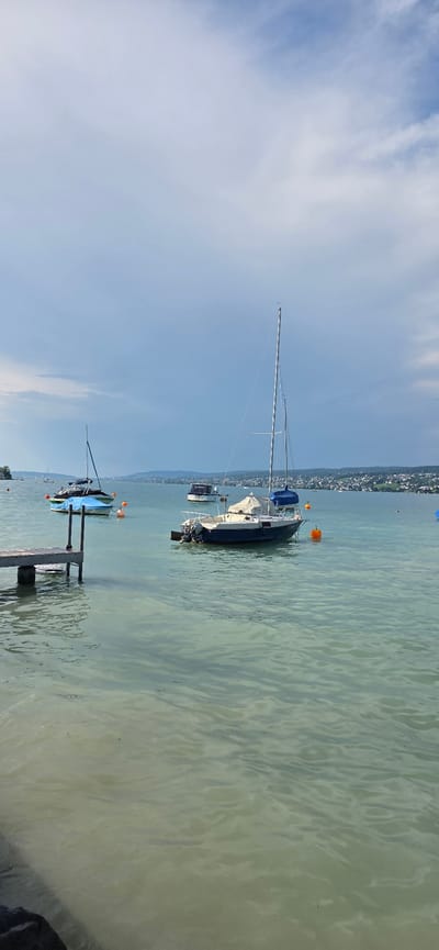 The image depicts a tranquil scene on Lake Zurich, specifically near the municipality of Oberrieden, Switzerland. In the foreground, a wooden pier juts out into the shallow, greenish water. Several boats are visible on the lake. A sailboat with a tall mast is anchored in the mid-ground, while other smaller boats, some with covers, are scattered across the water. In the distance, the shoreline is lined with a picturesque town, its buildings nestled among trees against a backdrop of rolling hills under a cloudy sky. The water is calm, with gentle ripples reflecting the sky. There are no people visible in the image.