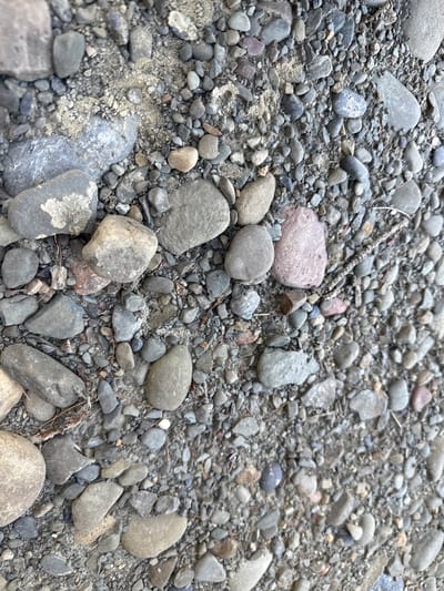 A close-up, overhead view of a ground surface composed of various sizes of pebbles and gravel. The pebbles are predominantly grey and tan, with some exhibiting reddish or purplish hues. The ground is uneven and textured due to the irregular shapes and distribution of the stones. Some larger, flatter rocks are interspersed with the smaller stones. There is no discernible vegetation or man-made structures visible in the frame. The lighting suggests an outdoor, natural environment. The image depicts a scene in the Village of Johnson City, United States of America.