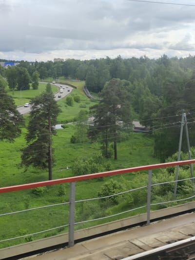 The image shows a view of a green landscape in Khotkovo, Russia, possibly from a bridge or elevated position. In the foreground is a railing with a red top bar and gray vertical supports and horizontal bars. Beyond the railing is a grassy area with scattered bushes and several tall pine trees. A road curves through the landscape, with cars visible. Further in the background, there is a dense forest. The sky is overcast and gray. In the distance, a building can be seen. A small body of water crosses under the road. Power lines are visible on the right side of the scene.