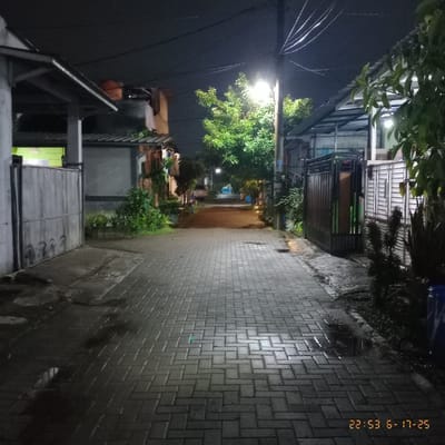 A narrow alleyway stretches into the distance under the glow of a street light. Paved with dark gray bricks, the pathway reflects the ambient light, suggesting recent rain. Buildings with corrugated metal roofs and lush greenery border the alley on both sides. A utility pole with numerous wires stands prominently on the left, adding to the scene's urban character. The image, captured at night, exudes a quiet, nocturnal atmosphere.