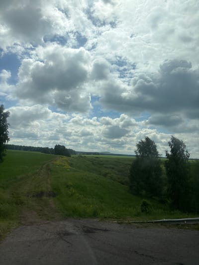 The image captures a view of a rural landscape under a dynamic sky. In the foreground, a dirt path, possibly a road or trail, winds through a green, undulating field. To the left, a dense line of trees forms the horizon, with a few taller, sparser trees closer to the foreground. The field is dotted with small yellow wildflowers. In the distance, more trees and rolling hills are visible under a sky filled with large, dramatic cumulus clouds, interspersed with patches of blue sky. The overall impression is one of a vast, open, and natural setting. The image does not contain any people or identifiable structures within the natural scenery. The location is indicated as Starokuktovo, Russia.