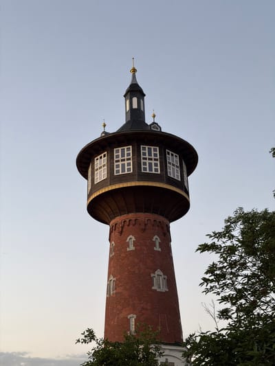 This is a low-angle, vertical shot of a unique water tower in Schwedt/Oder, Germany. The tower has a distinctive design, featuring a dark, curved upper section with numerous square windows arranged in a grid pattern. This section is topped by a pointed, dark spire with gold accents. Below this dark section, the tower transitions to a cylindrical brick structure, also adorned with windows, though these are more elongated and have arched tops. Some of the brickwork is visible, with details like small, decorative white architectural elements.

The tower is partially framed by the branches of a leafy tree on the right side of the image. The sky is clear and a pale blue, suggesting it might be late afternoon or early morning. The overall impression is of a somewhat whimsical or historical architectural structure set against a serene sky. No people are visible in the image. The focus is entirely on the tower and its surroundings.