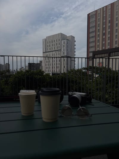 Two disposable paper cups, one with a white lid and the other with a black lid, sit on a dark green outdoor table. To the right of the cups, a silver camera and a pair of sunglasses are placed on the table. Behind the table, a black metal railing separates the foreground from a backdrop of lush green trees and urban architecture. In the distance, several tall buildings are visible, including a modern, multi-story building with a grey facade and numerous windows, and a taller building with a reddish-brown striped facade that has "Richmond" written in white letters near its top. The sky is overcast with scattered clouds. The scene appears to be from a vantage point overlooking the city of Sumida, Japan, possibly from a cafe or balcony.