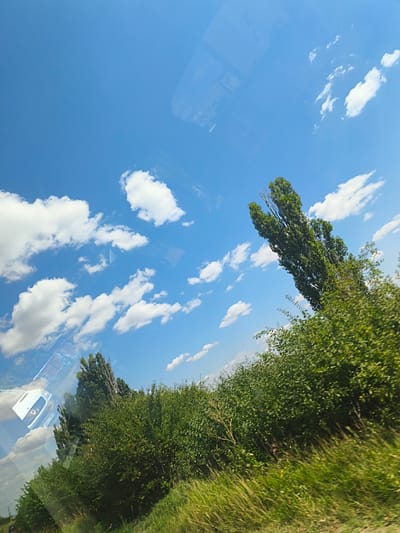The image captures a bright, sunny day with a clear blue sky dotted with fluffy white clouds. In the foreground, lush green trees and tall grass create a vibrant natural landscape. A tall, slender tree with dense foliage stands out against the sky. In the upper left portion of the image, a reflection in what appears to be a window shows a white vehicle, possibly a car or van, and abstract patterns of light and buildings, indicating the shot was taken from inside a moving vehicle. The scene suggests an outdoor environment, possibly a roadside or a rural area near Tohatin, Moldova, given the context. There are no people visible in the image.