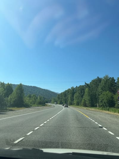 The image depicts a scenic view of a highway in Souzga, Russia, under a clear blue sky with sparse, wispy clouds. The road, paved with asphalt, curves gently to the right, with visible white dashed lines indicating lanes and a solid yellow line delineating the edge of the roadway. Several vehicles, including cars and a truck, are visible on the highway, moving away from the viewer.

Lush green trees line both sides of the road, with a dense forest extending into the background and climbing the slopes of rolling hills. The vegetation appears healthy and verdant, suggesting a temperate climate. The presence of power lines overhead indicates infrastructure supporting the area. In the foreground, the dashboard of a vehicle is partially visible, implying the photograph was taken from inside a moving car.

Several traffic signs are visible on the right side of the road. One circular sign with a red border and a white background likely indicates a restriction, and a smaller rectangular sign below it shows an arrow pointing upwards, possibly indicating a directional instruction or a speed limit. The overall impression is one of travel through a natural, undeveloped landscape.