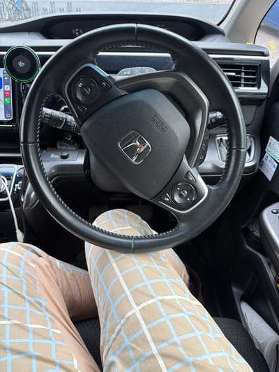 The image shows the interior of a car, focusing on the steering wheel with the Honda logo. The steering wheel has various controls and buttons, including cruise control and audio controls. Below the steering wheel, parts of the dashboard and center console are visible, including a phone holder, and various switches. The image also includes a portion of a person's legs wearing patterned pants in the passenger seat. The location cannot be confirmed as Metallostroy, Russia.