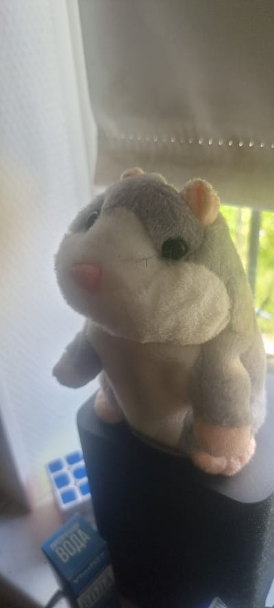 A stuffed hamster toy sits on top of a black speaker. The hamster is gray and white with pink ears and a pink nose. It has black eyes. In the background, a white curtain is visible, as is a blurred view of greenery outside a window. In the lower left corner, a small blue and white cube is visible, along with a blue box with Russian text that translates to "Drinking Water". The lighting suggests it is daytime.