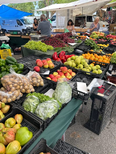 This is a high-angle, medium shot of an outdoor market stall in Senhora da Hora, Portugal. The stall is laden with a colorful variety of fresh produce, including large bunches of green grapes, red cherries, green bell peppers, potatoes in plastic bags, apples, oranges, and heads of lettuce. Several black plastic crates are used to display the produce, some with visible labels. In the background, people are interacting at the stall. A man with gray hair, wearing a gray t-shirt, stands behind a scale. A woman with dark hair, wearing a black tank top, stands to his left. Another woman with blonde hair, wearing a floral patterned blouse, is looking at the produce. A white van with the logo "JF Joaquim Ferreira" is parked behind the stall. The ground is paved with asphalt, and a white tent provides shade over the market stall. The overall impression is a vibrant and bustling market scene.