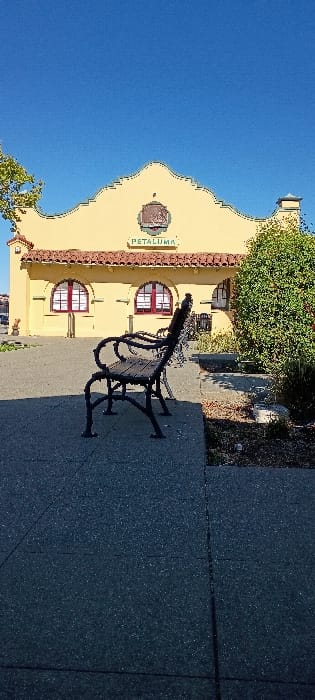 The image displays the exterior of the historic Petaluma train depot in Petaluma, United States, viewed under a clear blue sky. The building features pale yellow stucco walls, a red Spanish-style tile roof, and a prominent curvilinear parapet facade. The word "PETALUMA" is visible in green lettering below a central decorative crest on the facade. Several arched windows with dark red frames are present on the building's front. In the foreground, positioned slightly left of center, is an unoccupied public bench constructed with a dark metal frame and wooden slats, featuring ornate, scrolled armrests. The ground consists of dark grey, speckled concrete pavement, across which long shadows are cast from an unseen source to the left. A dense green bush or small tree is visible on the right side of the frame, partially obscuring the building, while a portion of green foliage appears on the far upper-left. No individuals or active events are depicted.