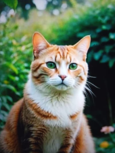 A medium shot of an orange and white tabby cat with green eyes is captured in an outdoor setting. The cat is looking directly at the camera. Its fur is a mix of light orange stripes and white patches, particularly on its chest and face. The background consists of blurred green foliage, suggesting a garden or park. No specific location in Krasnoarmeysk, Russia, is identifiable from the image.