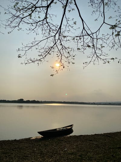 This is a vertical, medium shot of a tranquil lake scene during what appears to be dusk or dawn. The sun is low in the sky, casting a gentle, diffused light and creating a shimmering reflection on the water. In the foreground, on the left side of the image, the silhouetted branches of a tree extend into the frame, some with small green leaves. The branches create a natural frame for the sky and the water.

On the right side of the image, a dark-colored, small boat is pulled up onto a rocky, pebbly shore. The shore is covered in small stones and debris, suggesting a natural, undeveloped lakeside. The lake itself stretches into the distance, with a faint treeline visible on the far bank, appearing as a dark, hazy band against the lighter sky.

The overall mood is peaceful and serene, evoking a sense of quiet contemplation. The weather appears calm, with no visible wind or precipitation. The soft light and muted colors suggest a time of day when the sun is not harsh, likely early morning or late evening. The presence of the boat suggests it is a place where people might engage in activities like fishing or simply enjoying the water. No text is visible in the image. The location context of Pajaran, Indonesia, could imply a tropical or sub-tropical environment, which is consistent with the vegetation and the likely water body.