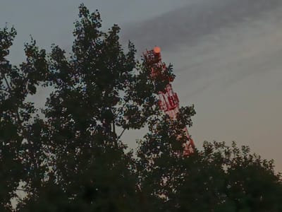 In the city of Shestunikha, Russia, a telecommunications tower is visible behind dark foliage. The tower, constructed of red and white lattice, is illuminated by a bright orange light at its apex. The sky above is overcast with muted, greyish-brown clouds, suggesting twilight or a heavily clouded day. The foreground is dominated by the dense, dark canopy of trees, with individual leaves indistinct due to the low light conditions and image quality.