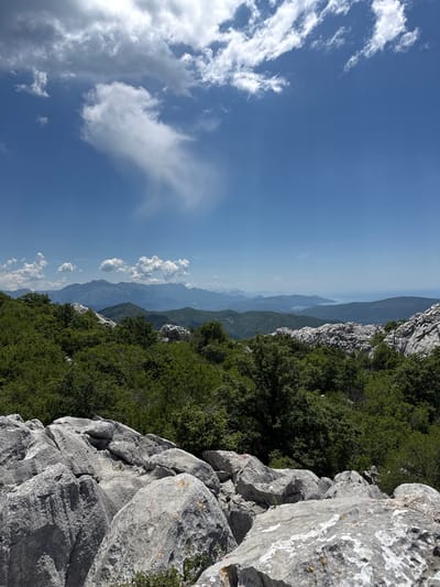 This is a high-angle, eye-level, wide shot of a mountainous, coastal landscape under a bright, partly cloudy sky. In the foreground, large, grey, jagged rocks dominate the view, with patches of green vegetation peeking through. Behind the rocks, a dense forest of dark green trees stretches across the middle ground, with some lighter green trees interspersed. Beyond the forest, several layers of hazy, blue-green mountains recede into the distance. The furthest mountains appear to meet a body of water, likely the sea, which extends to the horizon. The sky is a vibrant blue, with wispy white clouds and larger, more substantial white clouds scattered across it. The scene depicts a rugged, natural environment, suggesting a remote or elevated location with a view of the coast. The location is identified as Žlijebi, Montenegro.