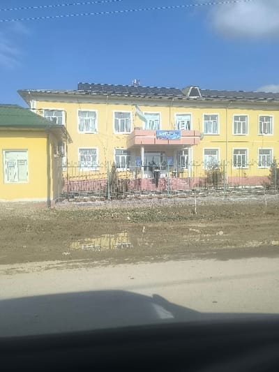 The image displays a two-story, yellow-facade building located in Dustlik, Uzbekistan, viewed from across a road. The building features numerous white-framed rectangular windows on both floors. Its roof is extensively covered with dark photovoltaic solar panels and includes several visible antenna structures. A light pink entrance portico, featuring a blue sign with white text and graphics, is centered on the first floor. The flag of Uzbekistan is displayed from a pole attached to the second floor, above the entrance. To the left of the main building, a smaller, single-story yellow building with a green, sloped roof and a white-framed window is partially visible, with an air conditioning unit mounted on its wall. A low, dark metal fence, exhibiting reddish discoloration suggestive of rust, separates the buildings from the foreground. The ground immediately in front of the fence is unpaved, consisting of mud, sparse vegetation, and several puddles that reflect the fence and buildings. One individual, dressed in dark clothing, is partially visible standing near the main entrance of the two-story building. The immediate foreground shows a light grey asphalt road, with the bottom portion of the image obscured by a dark, blurred element, consistent with a view from inside a vehicle. The sky is clear blue, with a single faint white cloud present in the upper right quadrant.