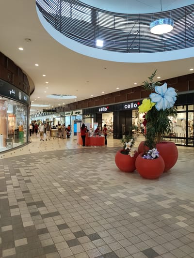 This media file shows the interior of a shopping mall in Cebalat, Tunisia. The scene is well-lit, suggesting it is daytime, and the atmosphere appears calm and typical of a shopping center.

The subjects include several people walking through the mall. Some are browsing, while others appear to be heading somewhere specific. The focus of the foreground is a decorative arrangement of three large, red, spherical planters containing artificial plants and large, colorful fabric flowers. Two of these planters hold bamboo-like foliage with large blue and yellow flowers, and the smaller one has delicate white and purple flowers.

In the background, various shops are visible along the mall corridor. Brands like "celio*" are prominently displayed on the storefronts, indicating clothing retailers. To the left, a shop with a black facade and a sign with Arabic script and "BALTI" is also present. Several glass-fronted displays showcase merchandise. People are seen entering and exiting stores, and a few individuals are gathered near a red counter, possibly at a service desk or information point. One person in a red shirt is interacting with a customer at this counter.

The architecture of the mall includes a distinctive curved ceiling with a modern, slatted design, and a large, circular light fixture hangs from it. The floor is tiled with a patterned arrangement of grey and beige squares, creating a mosaic effect. The overall impression is of a clean, modern commercial space designed for shopping and leisure. No specific events or emotional expressions are particularly highlighted, suggesting a routine day at the mall.